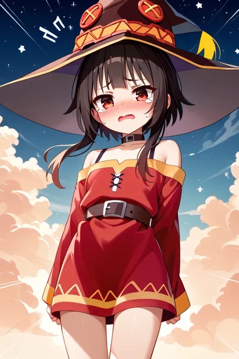 anime girl wearing a witch hat、Megumin、 Flirty anime witch chanting magic 、Konosuba anime style、 anime style 4k、 anime moe art style 、 cute girl anime visual、Black-haired mage、 red eye、Teary-eyed、 beautiful background, ( sky full of stars、 full of hearts ...