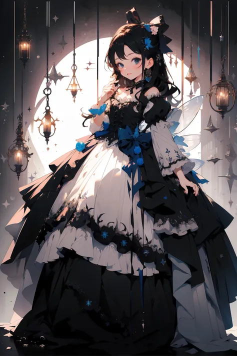 ( masterpiece:1.2),  Quality Best,pixiv,Fairy tale girl, 1 female,  dark hair ,  black eyes ,  black dress ,  Lolita Fashion ,  black theme