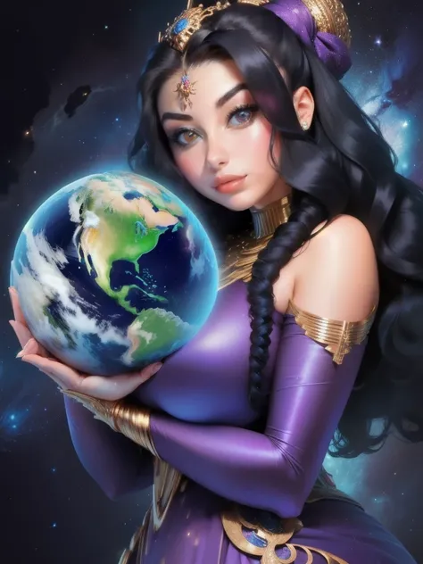  a woman with a black hair and a purple dress, digital art by Tony Szczudlo, reddit, afrofuturism, cosmic goddess, cosmic girl, galactic sized goddess, goddess of space and time, goddess of galaxies, portrait of a cosmic goddess, celestial goddess, lunar g...