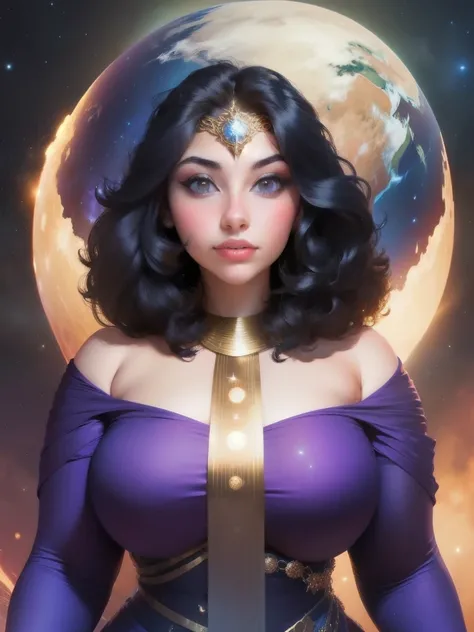  a woman with a black hair and a purple dress, digital art by Tony Szczudlo, reddit, afrofuturism, cosmic goddess, cosmic girl, galactic sized goddess, goddess of space and time, goddess of galaxies, portrait of a cosmic goddess, celestial goddess, lunar g...