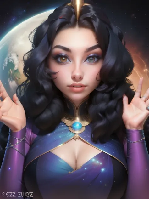  a woman with a black hair and a purple dress, digital art by Tony Szczudlo, reddit, afrofuturism, cosmic goddess, cosmic girl, galactic sized goddess, goddess of space and time, goddess of galaxies, portrait of a cosmic goddess, celestial goddess, lunar g...