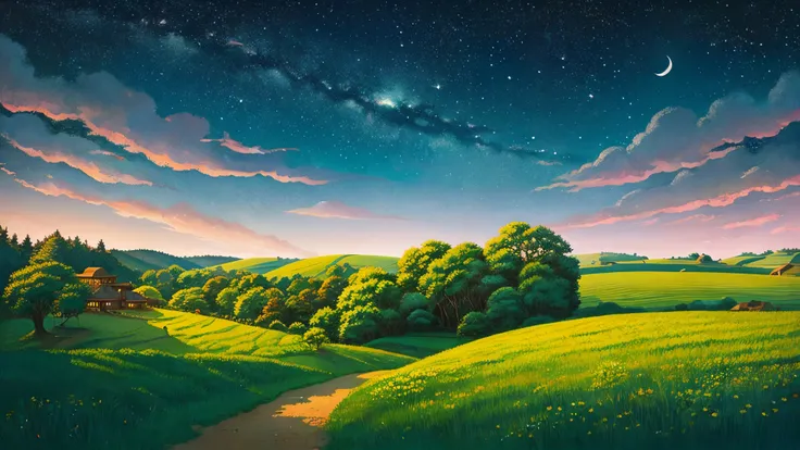 Ghibli style countryside starry sky