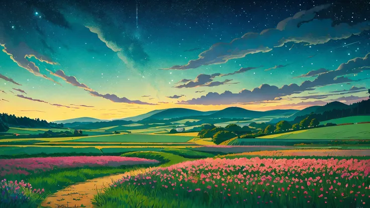 Ghibli style countryside starry sky