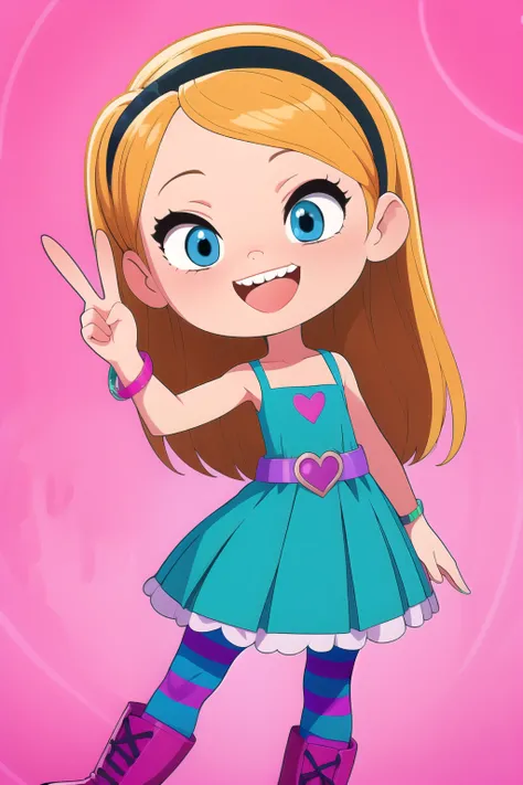 pan, 1girl,full body, penny peterson, long hair, blue eyes, 3d, blonde hair, skirt, pleated skirt, white trimmings, frilled skirt, hairband, black hairband, dress, teal dress, lavender belt, blue and pink striped pantyhose, pink bracelet and boots, beautif...