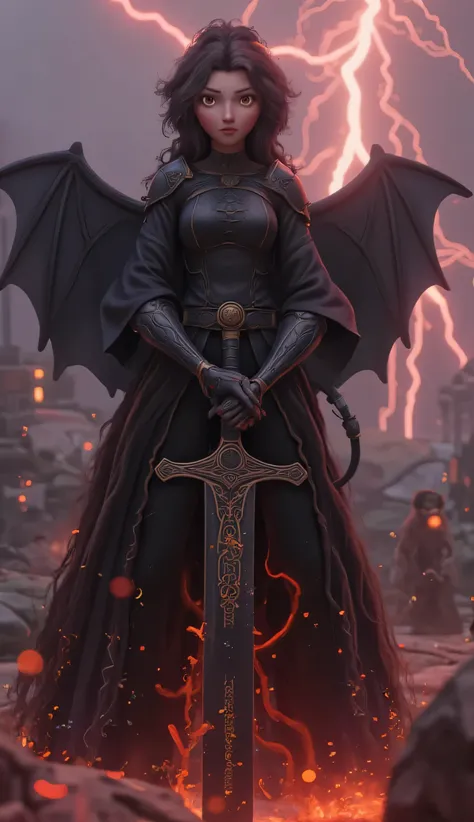 Anime Girl，Pitch-black armor，Mecha dragon helmet，Mecha Dragon Tail，A two-handed giant sword with a dragon carving is stuck in the ground in front of you，He holds a huge two-handed sword with a dragon carved on it.，whole body，Panoramic lens，The folded devil...