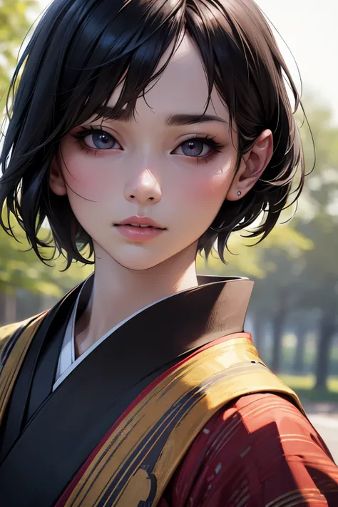 a beautiful japanese woman in a traditional kimono, black short hair bob, realistic portrait, looking at camera, detailed facial features, (best quality,4k,8k,highres,masterpiece:1.2),ultra-detailed,(realistic,photorealistic,photo-realistic:1.37),vivid col...