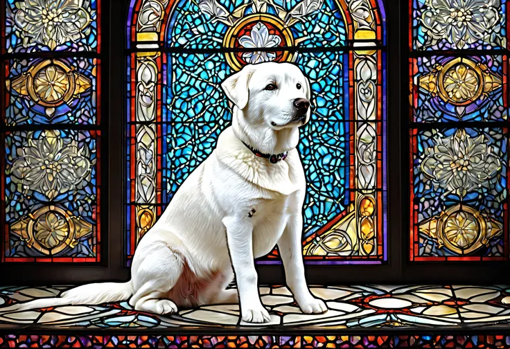 arafed white dog sitting in front of a  Stained Glass window,  Stained Glass style,  Stained Glass art, on a  Stained Glass window,  Stained Glass,  Stained Glass window,  Stained Glass,  Stained Glass!!, masterpiece  Stained Glass, beautiful  Stained Glas...