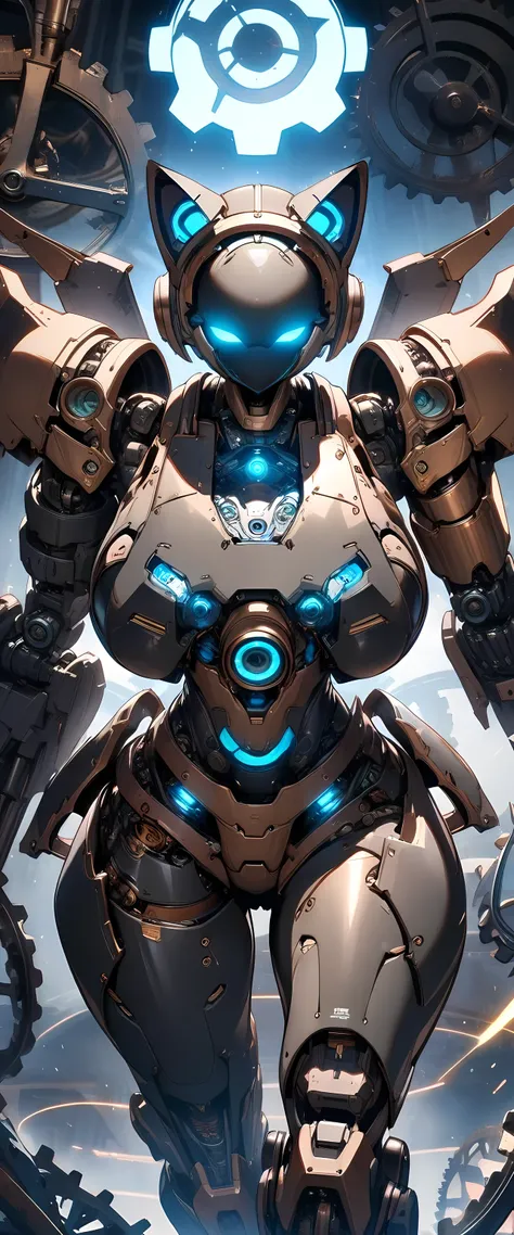 (masterpiece), best quality,solo,cat,armored body,round core,(steampunk:0.7),mecha,metallic body(,black body),mechanical body,glowing cat ears,light blue glow,glowing eyes,gears background,mechanical arms,mechanical legs,looking at viewer,no mouth,no pupil...