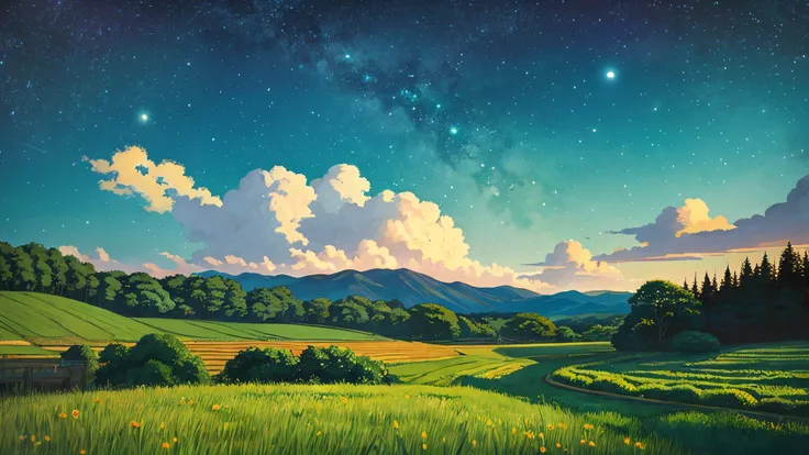 Ghibli style countryside starry sky