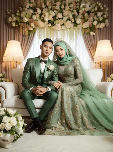 foto pernikahan, an Indonesian man and woman aged 30, wearing suits and wedding dresses with luxurious green colors, Muslim woman wearing hijab, background of flower arrangements and lights, Sitting on a white sofa, saling berpelukan, posing for the camera...