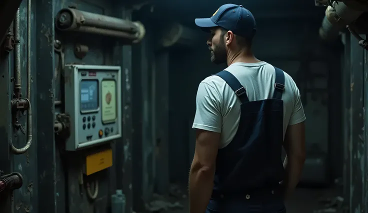 The cinematic image shows a man standing in a large room with little light of a spaceship with his face turned towards the walls. He is wearing a dirty white t-shirt, dark blue overall technician a maintenance worker, dark blue cap and has a beard.
The roo...