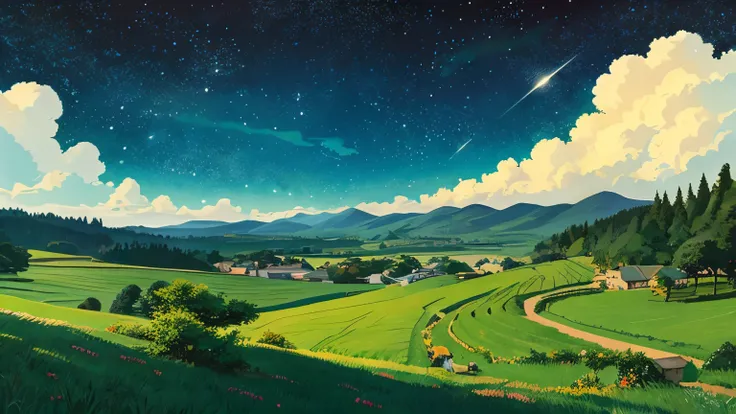 Ghibli style countryside starry sky