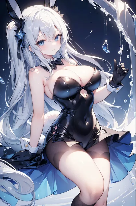 ( Masterpiece,   top quality : 1.4),   Detailed Background, casino,  Soft long hair  ,   Light Blue Eyes ,   cute face  ,   shy expression  ,Smile, (black bunny suit, bunny girl, black fishnet tights, Reflective texture ,  black),  strapless, sleeveless,  ...