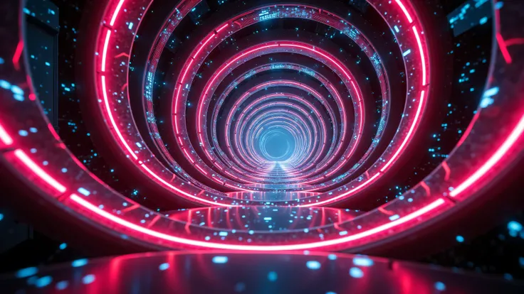 A rhythmic pulse of neon light moves through a tunnel of interconnected metallic rings, each embedded with digital symbols. The energy flows like a heartbeat, echoing through the structure as it twists and bends in impossible ways. This infinite corridor r...