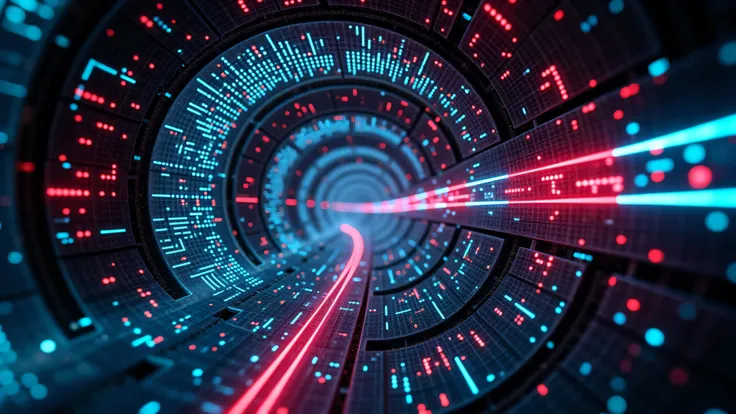 A rhythmic pulse of neon light moves through a tunnel of interconnected metallic rings, each embedded with digital symbols. The energy flows like a heartbeat, echoing through the structure as it twists and bends in impossible ways. This infinite corridor r...