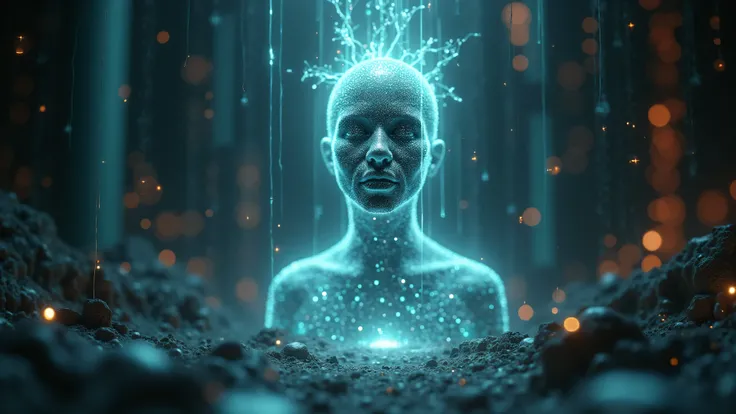 A luminous, abstract humanoid form emerges from a swirling mass of data streams and glowing circuitry. Its face is featureless yet expressive, radiating knowledge and intelligence. The entity appears to be both human and machine, an evolving consciousness ...