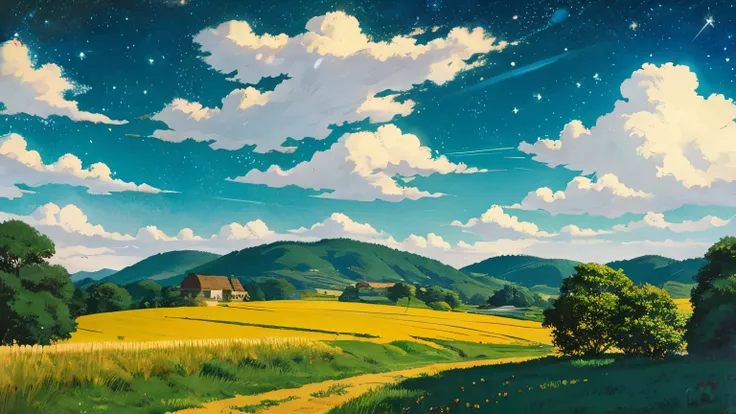 Ghibli style countryside starry sky ,landscape