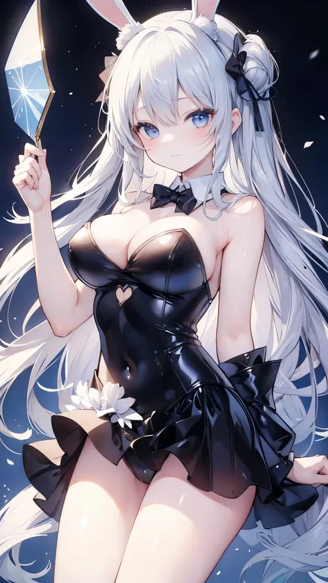 ( Masterpiece,   top quality : 1.4),   Detailed Background, casino,  Soft long hair  ,   Light Blue Eyes ,   cute face  ,   shy expression  ,Smile, (black bunny suit, bunny girl, black fishnet tights, Reflective texture ,  black),  strapless, sleeveless,  ...