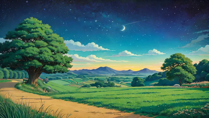 Ghibli style countryside starry sky , landscape