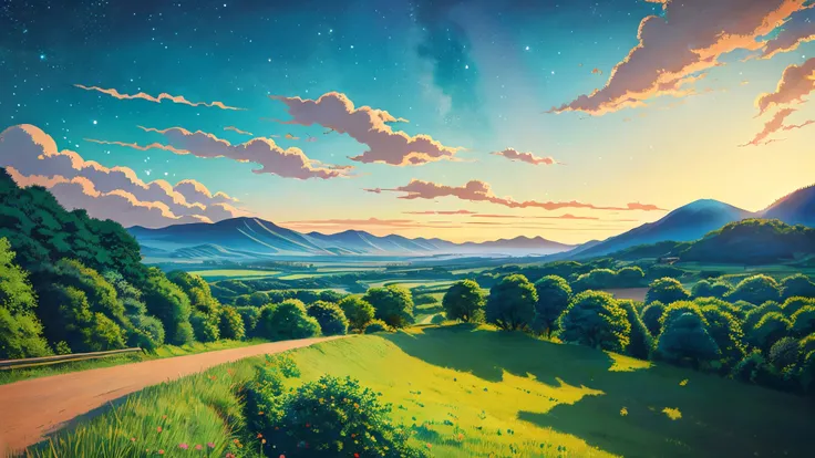 Ghibli style countryside starry sky , landscape