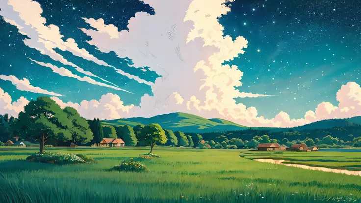 Ghibli style countryside starry sky , landscape