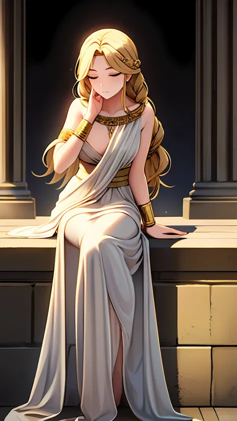 A stunning goddess-like woman from Greek mythology, deep in thought, resting her right hand gently on her cheek. She wears a flowing, traditional peplos, draping elegantly over her body. On her right wrist, a golden bracelet gleams under the soft light. He...