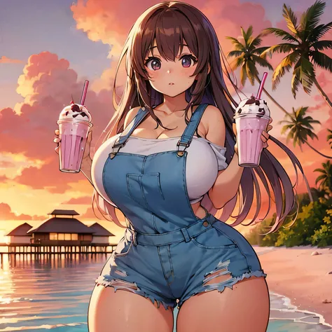 Anime plump hourglass body young woman big lips, in Maldives at sunset , she wears short overalls white long socks , she drinking milkshakes 