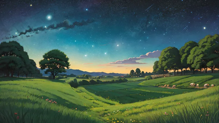 Ghibli style countryside starry sky , landscape