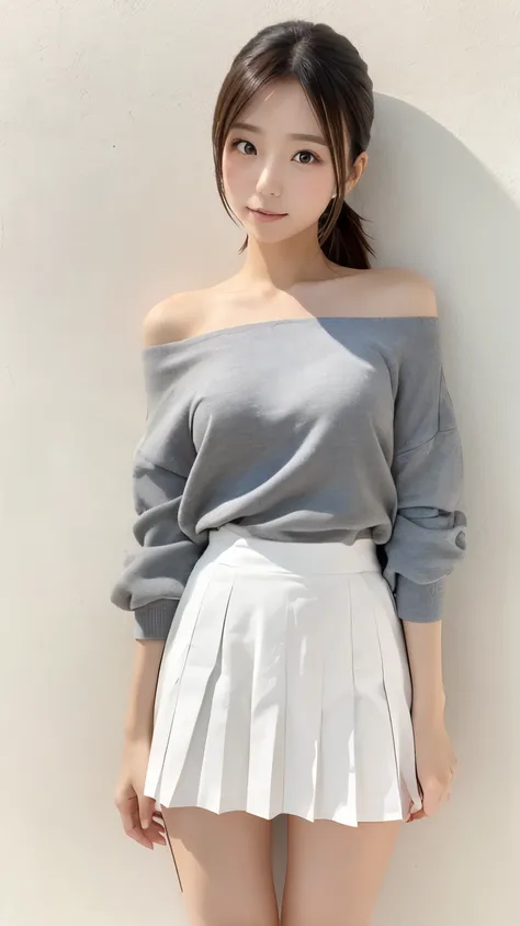  Japanese woman　 dark eyes　 　 ponytail　 miniskirt（ pleats 、 grey）　front　Background is a white wall