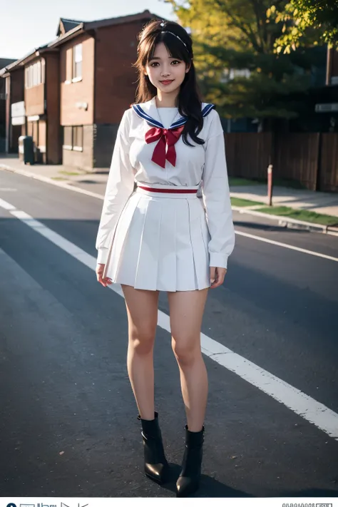 Perfect composition, Proper placement, Golden Ratio, masterpiece,  best quality,  high definition ,  one  Girl, Cute (Girl:(loli:1.5), full body focus, full body shot, view the viewer, smiling, standing,  Wearing a Japanese High School Sailor Suit:1.331, W...