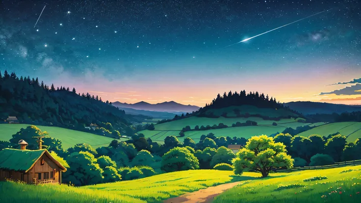 Ghibli style countryside starry sky , landscape