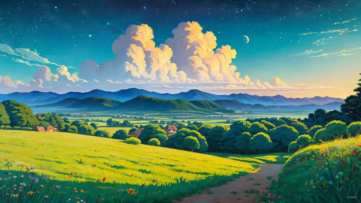 Ghibli style countryside starry sky , landscape