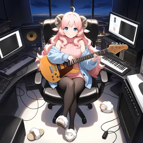 (masterpiece, best quality, extremely detailed, absurdres, very aesthetic), full body:1.5, from above:1.5, playing a black and white Flying V electric guitar., Legs crossed, Sitting in a chair, Music production environment, computer and monitor, amplifier,...