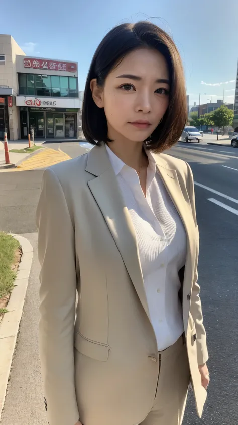 nsfw,  (( top quality)), ((8k)), (( Masterpiece:1.3)), ( PERFECT LOOK ), ( photorealism:1.6), (1  woman in suit  standing on the sidewalk), day本人の女性, 47 years old, (( realistic skin texture)), ( fine wrinkles all over skin : 1.3), ( has dull skin : 1.1), (...