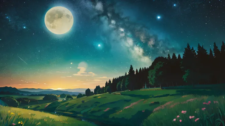 Ghibli style countryside starry sky , landscape