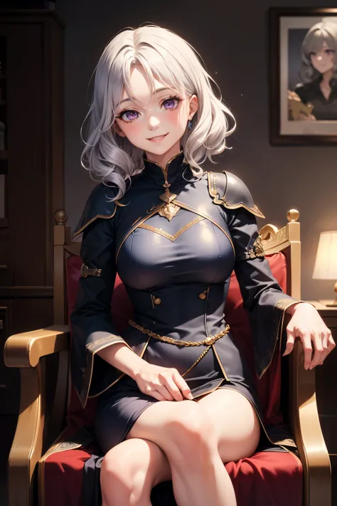 Old, woman, 50 years old, gray hair, wavy hair, short hair, parted bangs, slant eyes, purple eyes, slender, medium breasts, room, smile, sitting on chair, armored dress