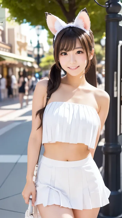  Japanese woman　 beautiful girl　 dark eyes　 　Katyusha with animal ears　ribbon　 ponytail　 white tube top　 belly button out　 white miniskirt （ pleats ）　front　 handbag 　 Disneyland 