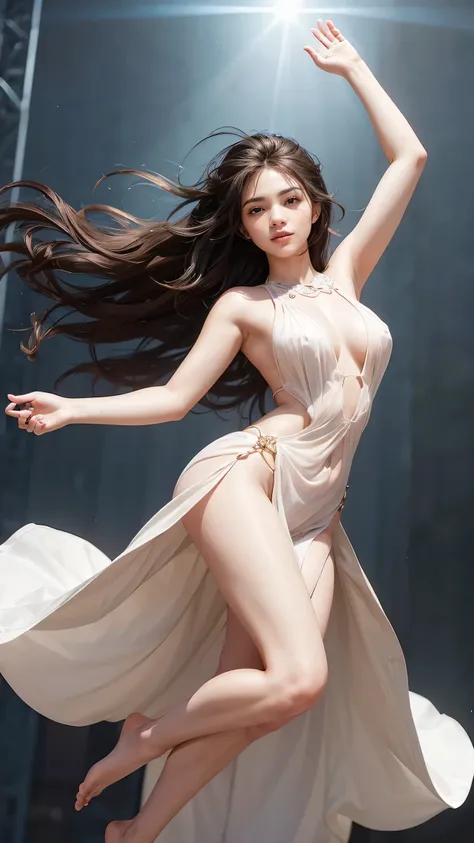 Angelic girl, wavy hair, hair blown by strong winds, her feet is off the ground, flying, posing in the middle, symmetrical pose, extremely beautiful, transparent long dress with high slit, fit body, ((full body)), facing viewers, arms outstretched, looking...