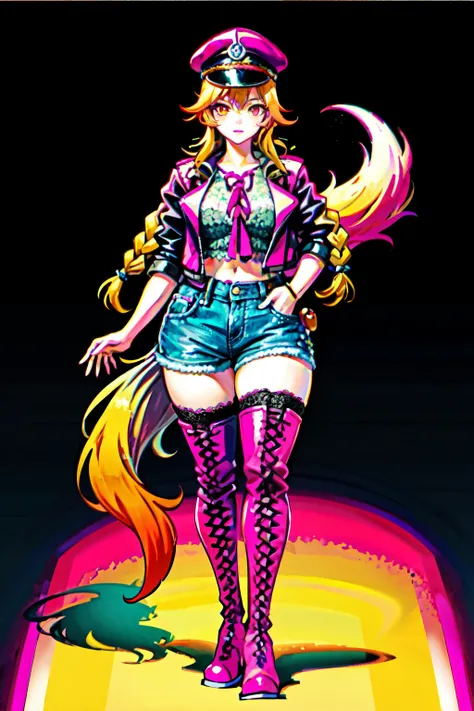 (best quality:2.0), (crisp:2.0), (highres:2.0), (((a rich yellow and pink gradient wolf tail:2.0))), anime, full body:2.0, (single image), (solo beautiful lady:2.0), (masterpiece:2.0), (detailed face:2.0), (detailed eyes:1.4), ((denim shorts:2.0)), ((thick...