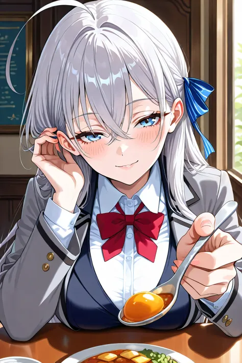 score_9, score_8_up, score_7_up, 1girl, incoming food, holding spoon, pov across table, seductive smile, amkkj, large breasts, long hair, silver hair, crossed bangs, blue eyes, ahoge, hair ribbon, grey jacket, open jacket, notched lapels, black vest, white...