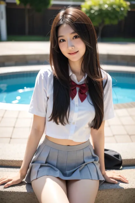  Japanese woman looking like an idol ,Long hair ,Straight hair, Round face ,  school uniform, Beautiful smile,  swimsuit, Sexy doll , 