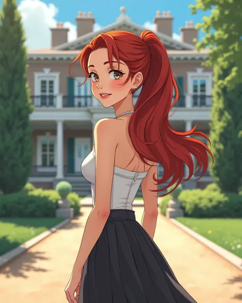 Anime Style, beautiful woman with freckles and long red hair in a ponypail with hair framing her face, smiling. She wears 1950's clothing and stands infront of an old money villa.