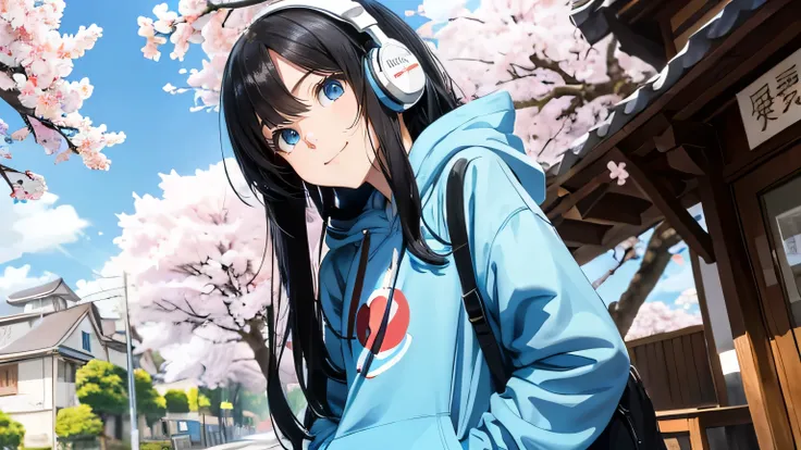  Ghibli style , cute girl, black semi-long hair,sexy blue eyes,  sexy face,  light blue hoodie,Casual attire,Oversized clothes ,80's style, blue headphones, blackish blue eyes 、smile、 sounds fun, raise your hand 、、solo、upper body、from below、、Cherry Tree、ba...