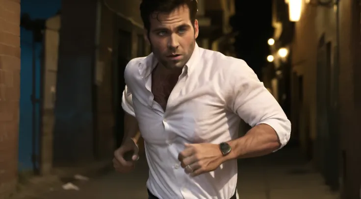 eionbailey, masterpiece, best quality, realistic, photorealistic, outdoors, (night:1.9), (back alley:1.5), 1boy, 30 year-old male, solo, upper body, (running toward the viewer:1.8), hands in pockets, highly detailed face and body, perfect skin, black hair,...