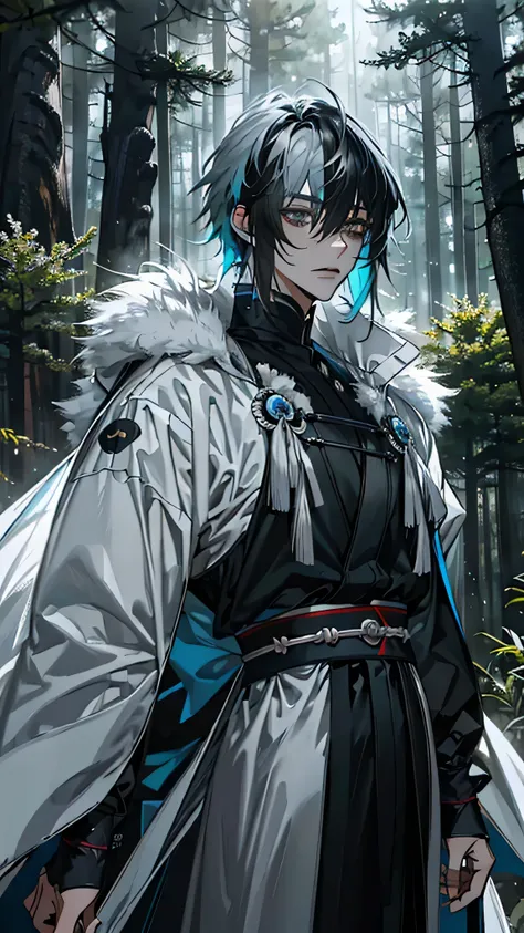 Masterpiece, 最 High Quality ,  High Quality ,  ultra detail,  1 boy at night, two-tone hair, skyblue hair, black hair,  gray eyes, forest, warrior, Clothes with Fluffy Elements , reference, Anime Boy, Digital Sketch, 最 High Quality のデジタルアート, Shogun