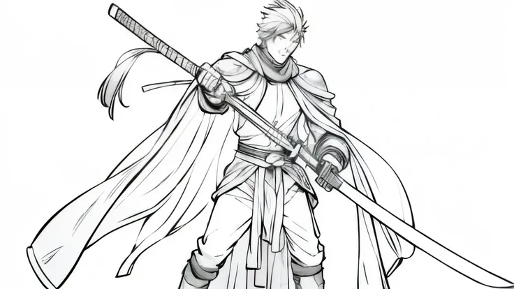 A simple manga-style warrior . He has a strong stature and wears simple armor . His cape blows slightly in the wind . He holds a katana in his hand and looks resolutely forward. The background is minimal , with a few suggested lines for depth
