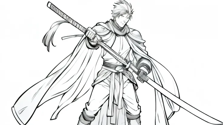  A simple manga-style warrior .  He has a strong stature and wears simple armor . His cape blows slightly in the wind .  He holds a katana in his hand and looks resolutely forward.  The background is minimal ,  with a few suggested lines for depth 