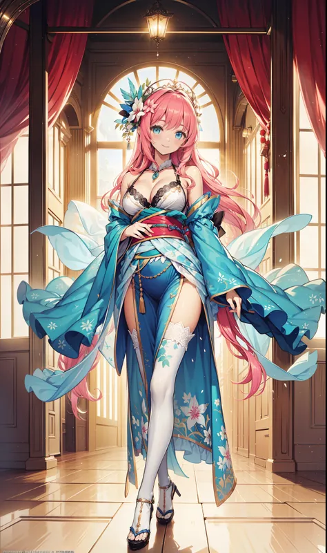 ( Quality Best,   high resolution ,  textured skin,  high quality, high detail, extremely detailed CG unity), shakes ，obsessed，Divine happiness，in love，(Swimwear and Kimono:1.2)， pink hair， blue eyes，(Fabric headdress minimalism，Multi-layer fine pleats，Lot...