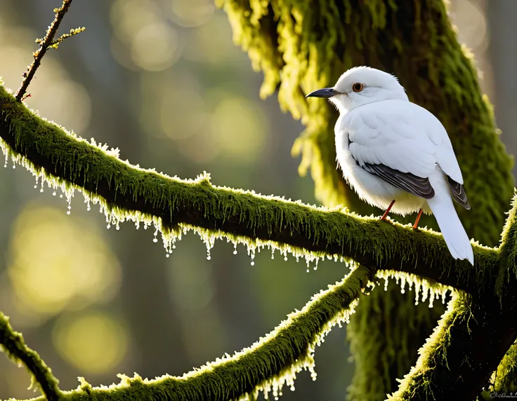 There's a white bird perched in a tree ,  Jim Nelson sitting on a mossy branch ,  Flickr , Arabesque, Perched on a tree,  checked shirt ,  Zoom Out Shots ,  Wide Full Shot, Extremely Backlit ,  are watching birds , Frost White Eyes,  Photographed  , 1/1250...