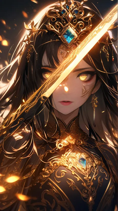 “A close-up portrait of a mysterious and beautiful warrior woman with intricate face makeup glowing with soft magical light. She holds a detailed, ornate sword vertically in front of her face, with ancient runes or Chinese characters engraved on the blade....